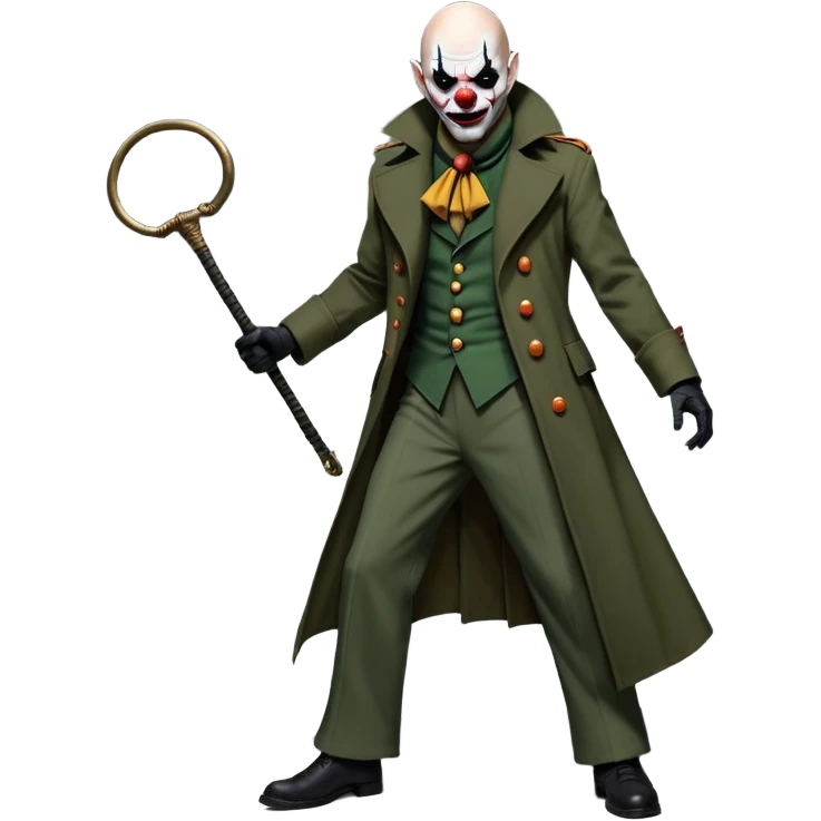 evil clown, bald, small black horns on forehead, fangs, pointed ears, eye patch over one eye, long coat over black and military green leisure suit with bellbottom pants, tail, holding an Indiana Jones-style whip, realistically proportioned, less bulky, full body, battle-ready, fighting posture emoji