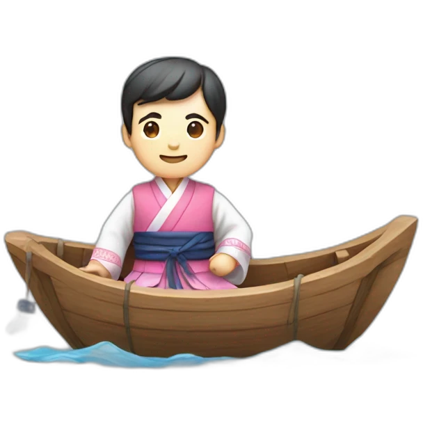 wooden raft with a man with traditional korean hanbok costume emoji