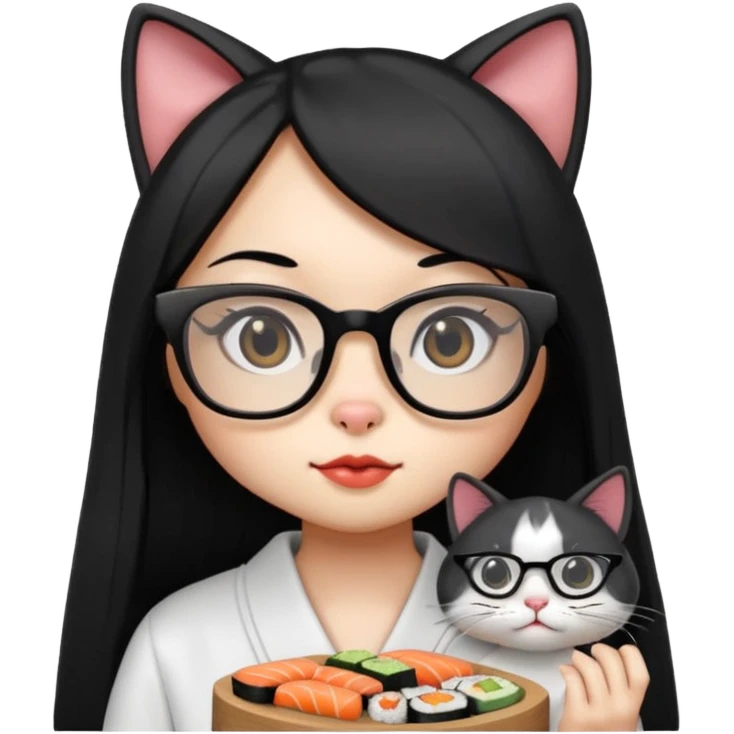 cute girl cat with long straight hair and really big square glasses with super thin frames eating sushi emoji