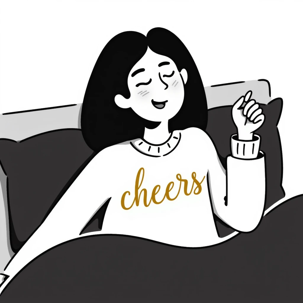 A woman with shoulder-length black hair, light to medium skin tone, full cheeks, and almond-shaped eyes, wearing a white sweater with the word 'cheers' in gold script, lying comfortably on a bed with soft lighting, joyful and radiant expression emoji