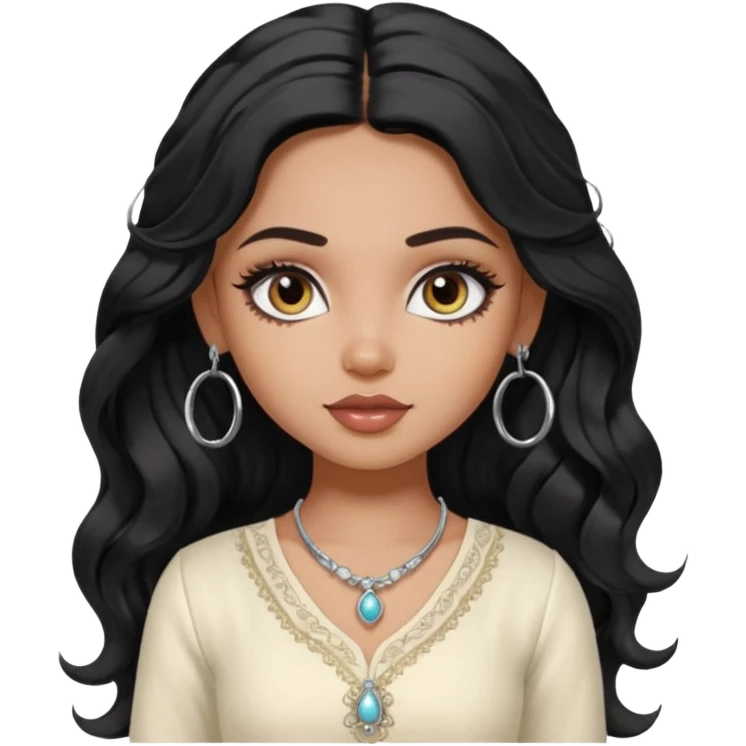 a pretty bratz dusky girl with long wavy black hair, kajal under eyes, small silver hoop. ivory coloured kurti emoji