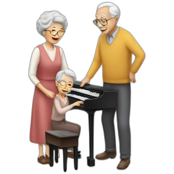 grandfather standing on a piano and a grandmother playing the piano emoji