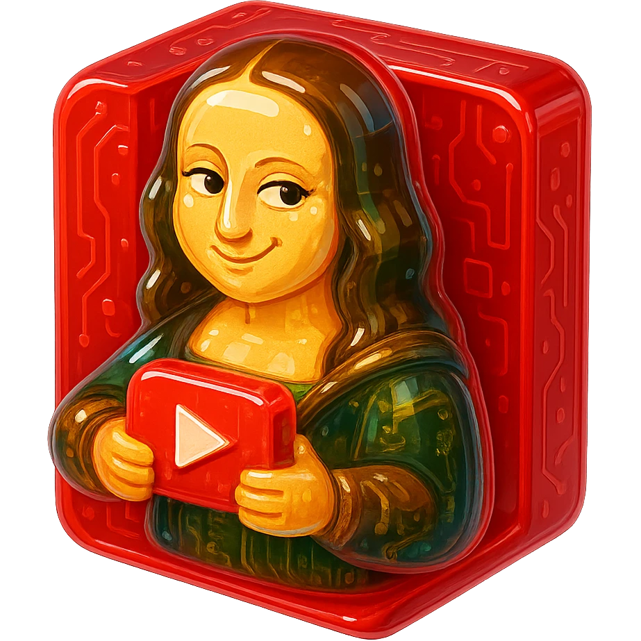 Mona Lisa with a cheeky grin, holding a red YouTube play button, surrounded by a red glossy circuit style box emoji