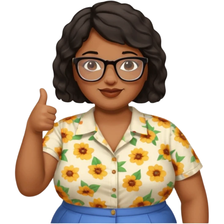 make a fat brown female biology teacher with glasses giving a thumbs up with short black hair wavy remove the doctor outfit and put on a regular summer looking shirt emoji