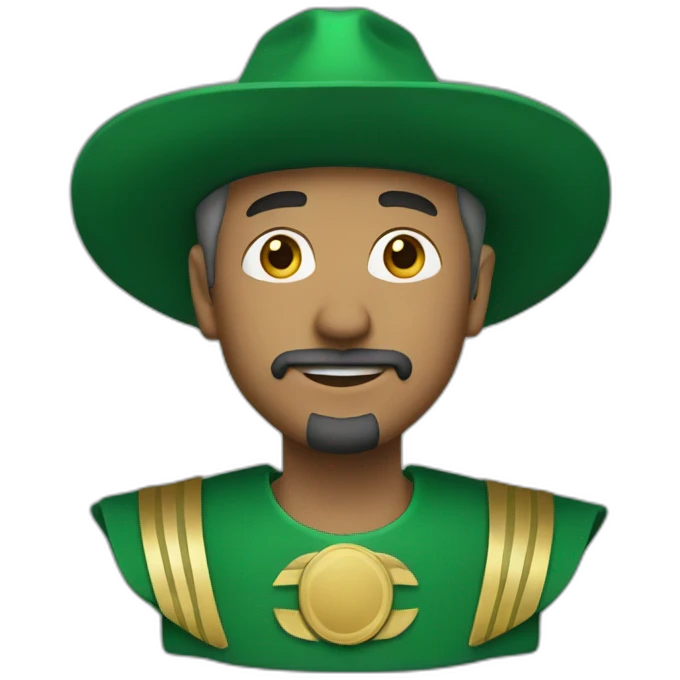 man with green hair green suit and large green top with gold strip hat goatee green cape emoji