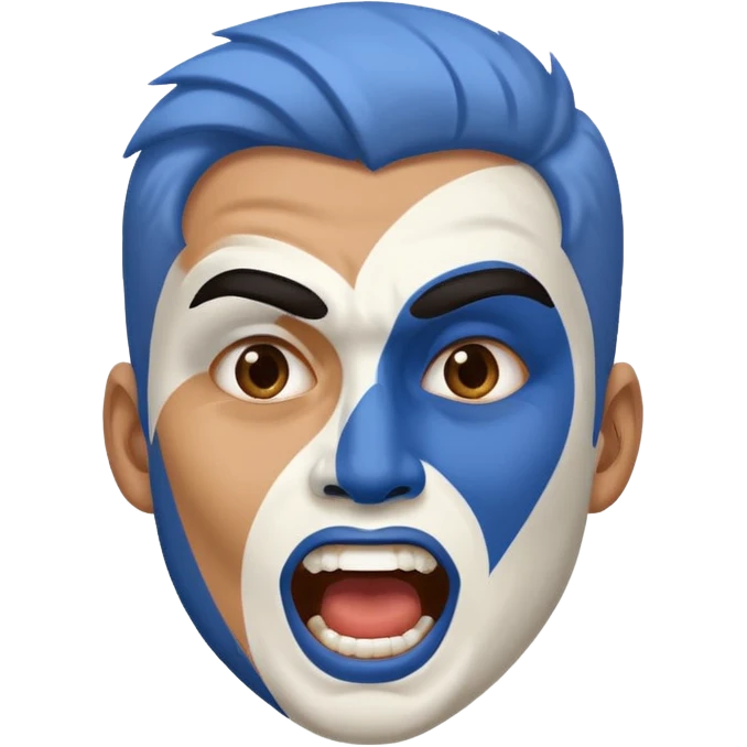A man with half-blue, half-white face paint, shouting proudly. emoji
