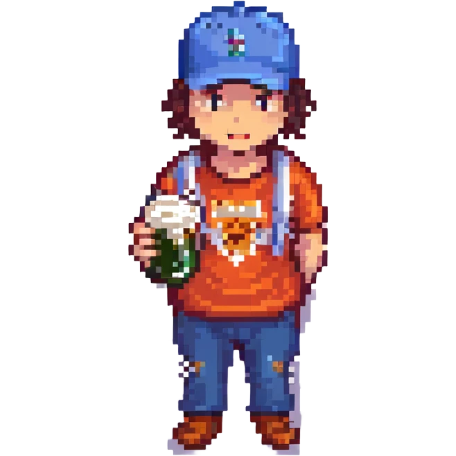 Change the hat to a baseball hat, keep pixel art style, guy drinking beer with no background. emoji
