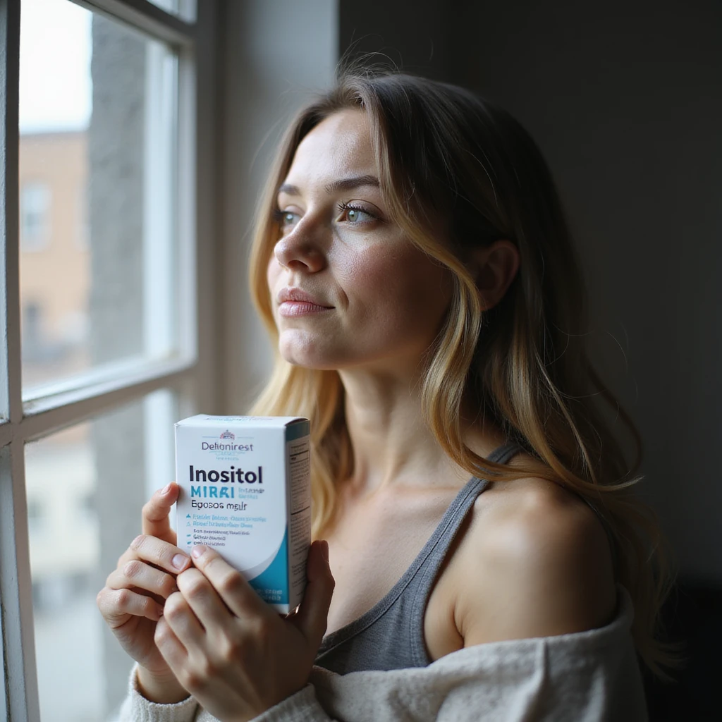 realistic photo of a woman with PCOS standing near a window, holding a box of inositol, face with acne and facial hair, thin hair, relaxed expression, home environment, natural light emoji