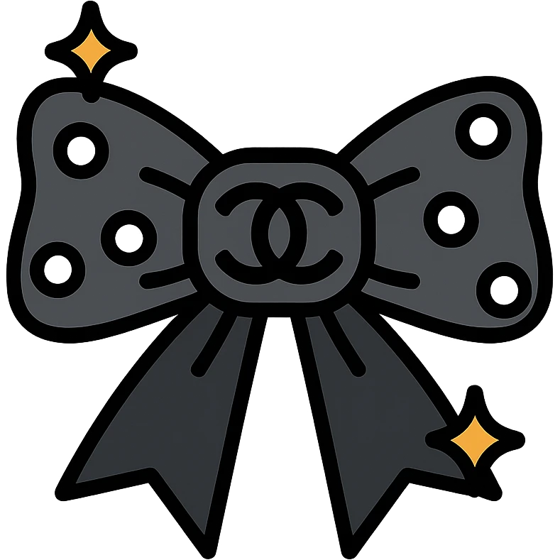 elegant bow with pearls and gold Chanel logo, sparkling effects, glossy, monochrome emoji