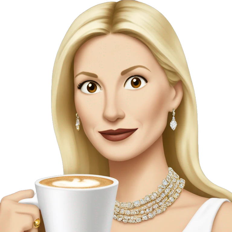 Kelly Rutherford with jewellery wearing white drinking cappucino emoji