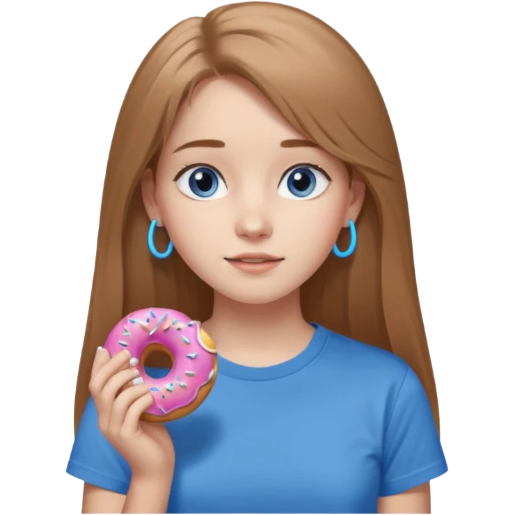una ragazza dall‘ età di 19 anni con capelli castani chiaro lunghi e lisci ,  occhi celesti,  con addosso una maglietta con una ciambella e le cuffie airpods (bianche) ascoltando violetta emoji