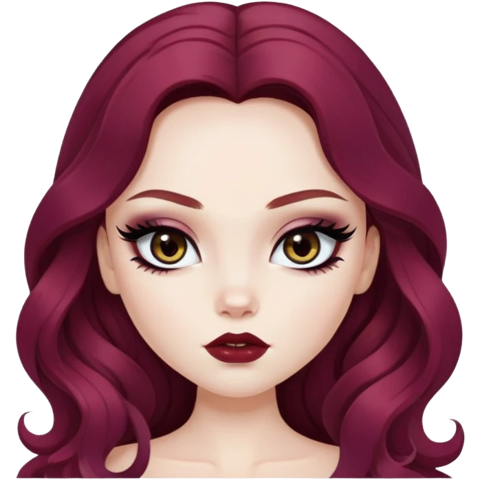 wavy winered long hair, pale skin,  dark iris, pretty bratz baddie, strong black eyeliner emoji