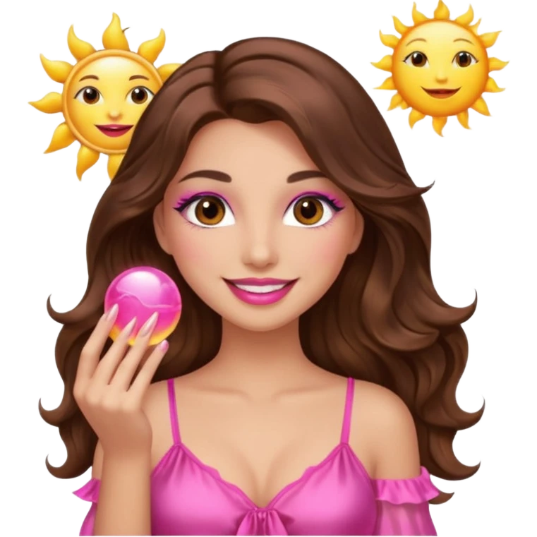 girl with long wavy brown hair, brown eyes, long lashes makeup, sexy pink lips, smiling, light to medium complexion, wearing a pink sexy silk top, holding the sun icon  emoji