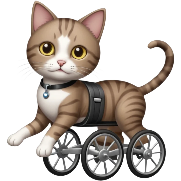 full body small short hair dark brown and white cat with hazel eyes walking in a wheelchair for cats emoji
