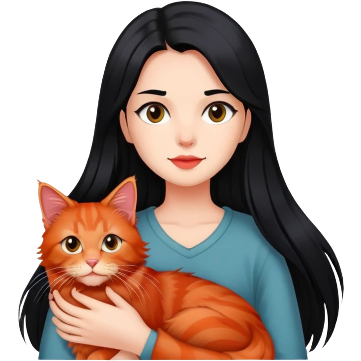 Une fille au cheveux long lisse et noir portant un chat type Maine coon de couleur roux  emoji