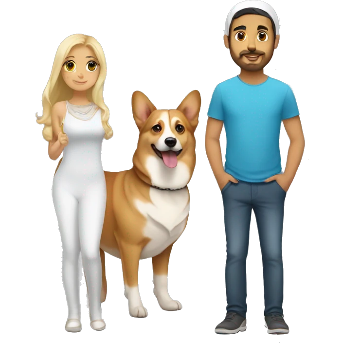 blonde girl, arab guy and corgi together emoji