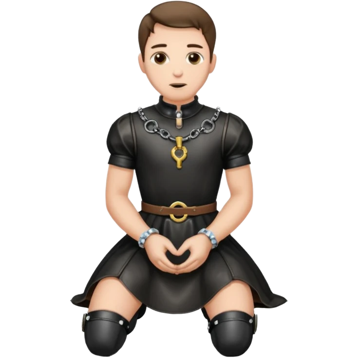 Submissive man on knees wearing female clothes and chastity emoji