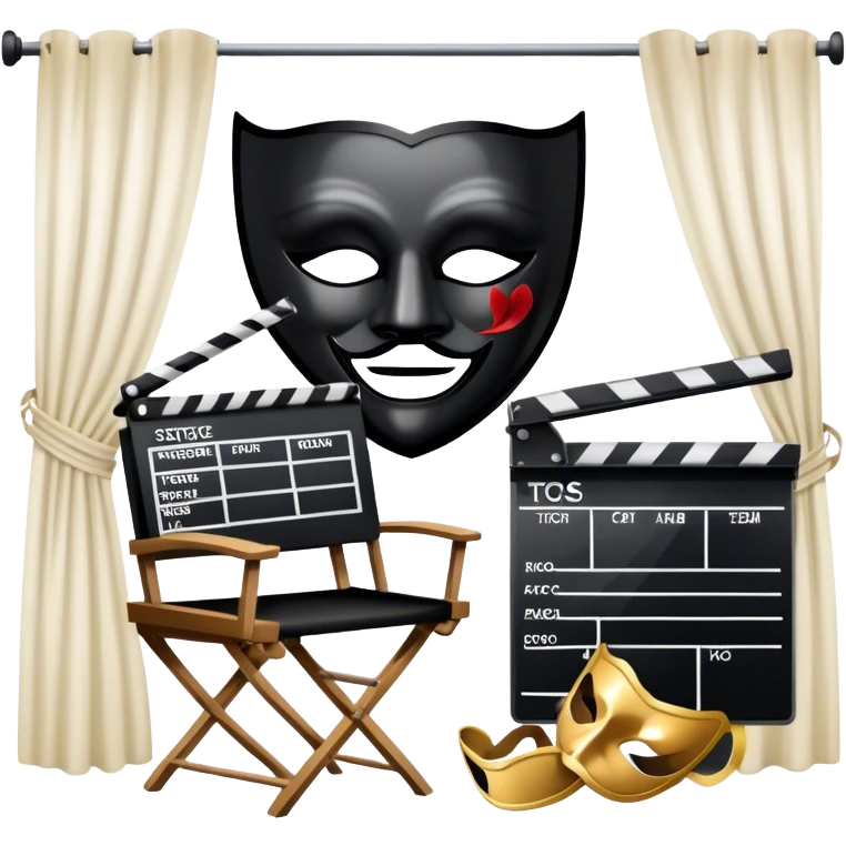 Icon for Acting in Theatre: a stage with curtains, a theater mask, a film camera, and a clapperboard. The design should represent theatrical performance and acting techniques. Transparent background. emoji