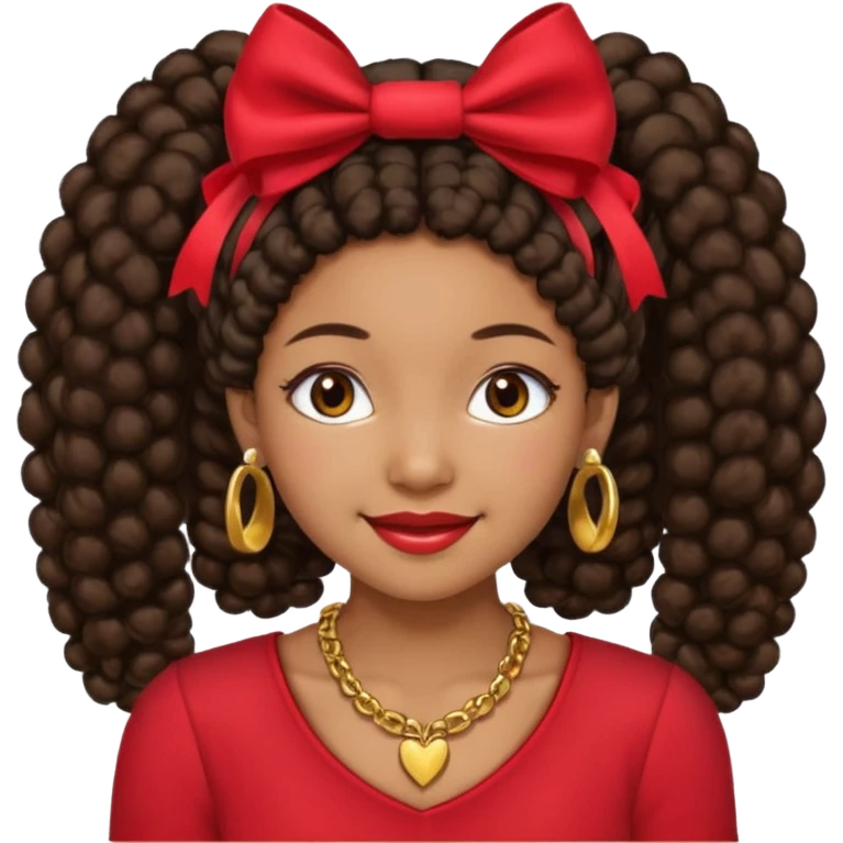 Brownskin girl dark brown hair afro pigtails with red bows brown eyes smiling closed mouth red shirt gold esrrings gold necklace emoji