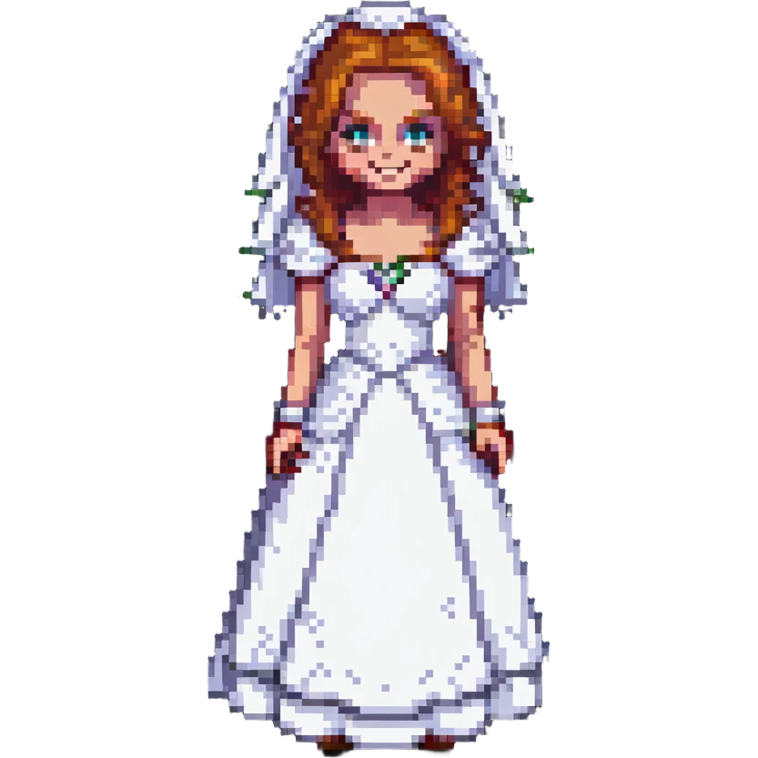Chucky's bride in a wedding dress standing and smiling in pixel art style emoji