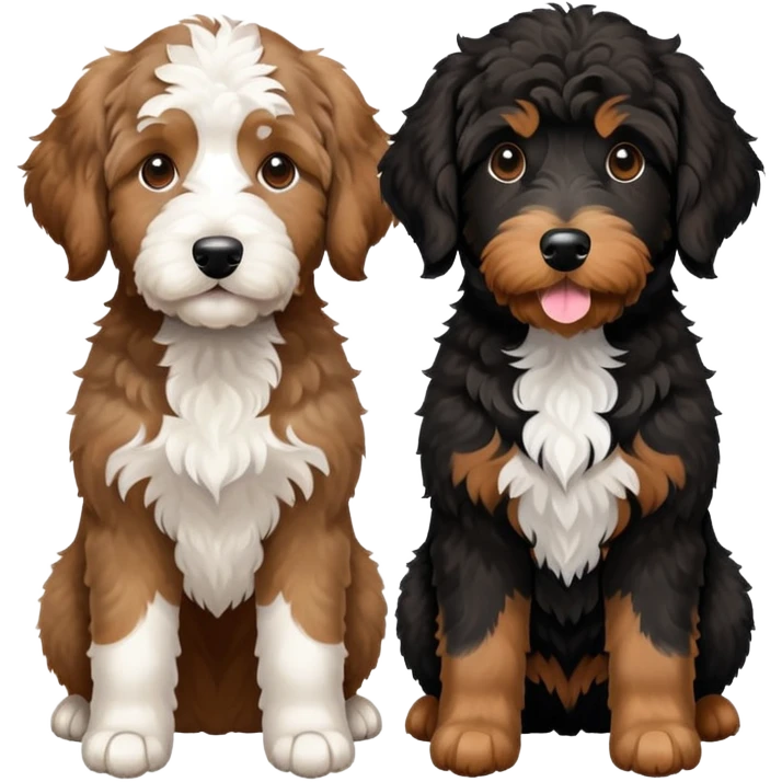 2 dogs: one light brown Aussiedoodle, one all-black Bernedoodle with white eyebrows some white markings, no brown coloring. Both same size. emoji