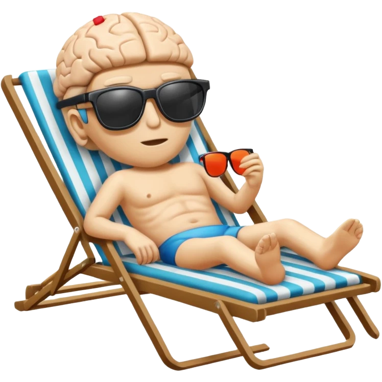 A brain (no body)  lies in a deck chair wearing sunglasses at the edge of the pool. emoji