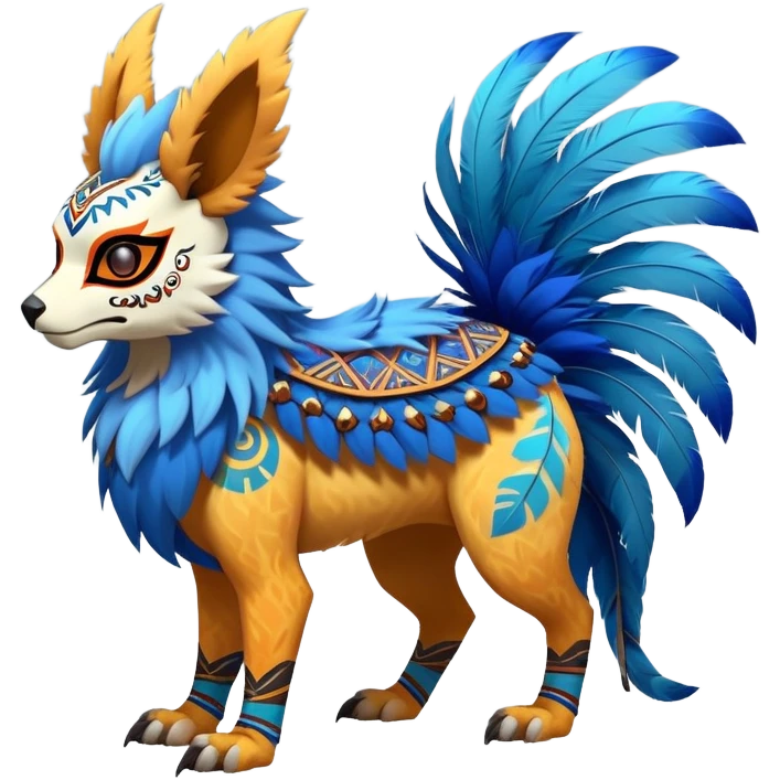 Furry cute colorful exotic tribal feral anime-styled Fakémon-Pokémon-animal-creature with a skull mask, and a feather-mane-collar, and blue feathers, with long furry ears, long furry tail, 4 legs, (full body), with intricate pattern-markings emoji
