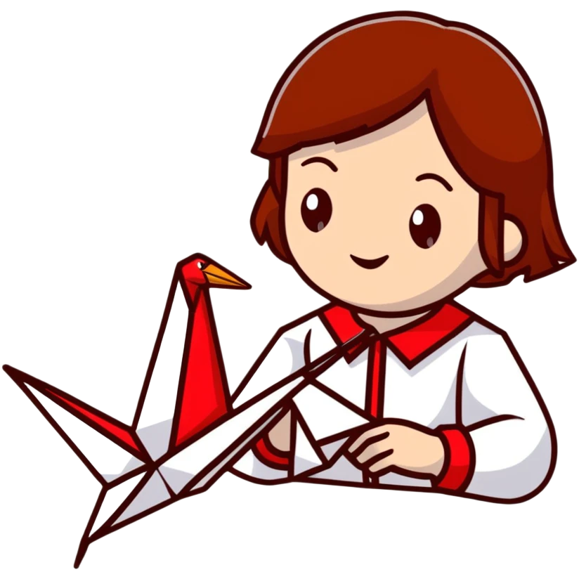 A happy Ukrainian young girl with brown hair in a white embroidered shirt makes an origami red crane craft emoji