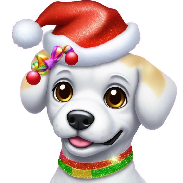 Lisa frank Christmas sparkle￼ dog with Santa hat emoji