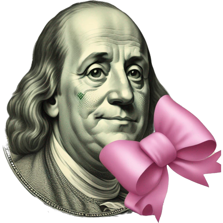 dollar with a pink bow on benjamin franklin and he’s winking  emoji