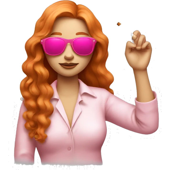 Lady wearing pink sunglasses, long ginger hair, cigarette in her hand, emoji