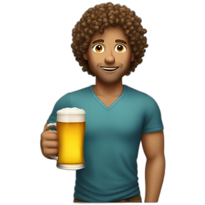 man lightly tanned skin curly hair drinking a large beer cup emoji
