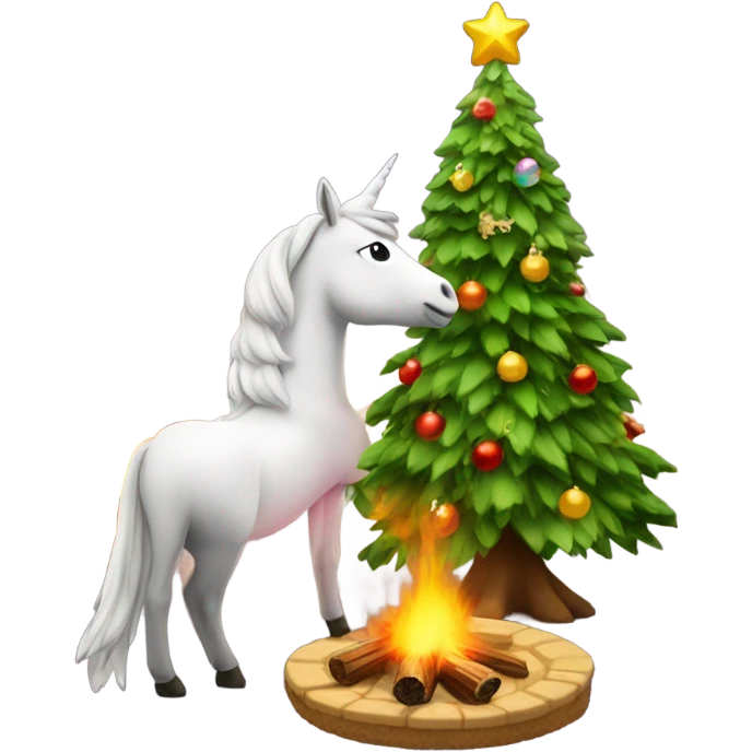 Christmas tree watching a fire with a unicorn.  emoji
