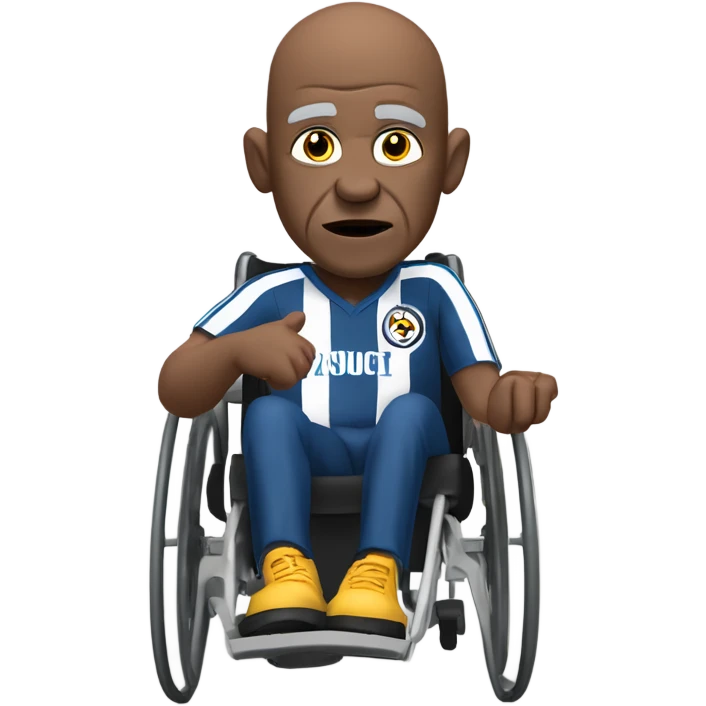 old black bald man with a round belly in wheelchair. angry face. grey stubble. he is pointing finger in front. wearing Arsenal soccer shirt. and a Steelers football hat emoji