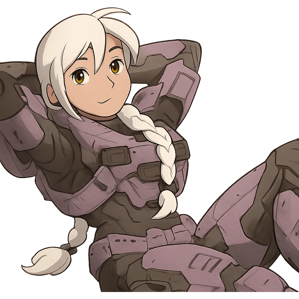 female, wearing reach spartan armor shoulder-unequip, long white braid hair with massive messy front side single bangs, gold yellow eyes, attention pose, HALO:series, no helmet, the armor is lavender color scheme, laying back and relaxing emoji