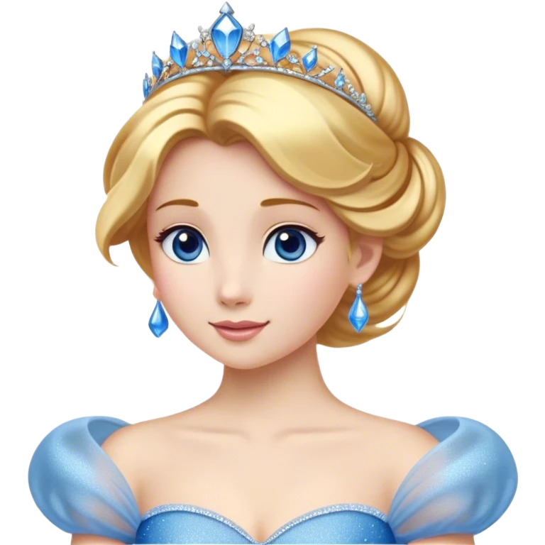 Cinematic Stunning Cinderella Portrait Emoji, Radiant in her sparkling blue ball gown, golden hair in a perfect updo, soft blue eyes full of wonder, glistening tiara, glowing with an ethereal beauty, regal yet kind, a dreamlike aura surrounds her, capturing the essence of a fairy tale princess, elegant and breathtaking! emoji