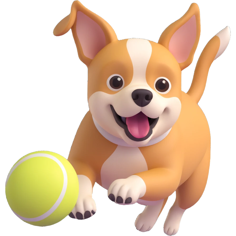 dog chasing ball in forrest, close up pose emoji