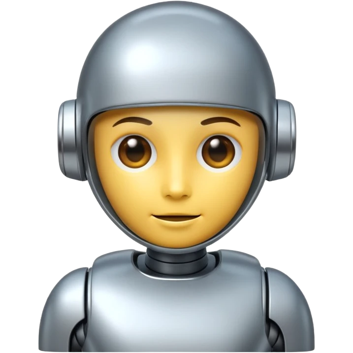 A cute futuristic robot emoji made of silver chrome, rounded friendly body, minimal facial features, glossy metallic surface, soft reflections, iOS emoji style, centered, clean white background emoji