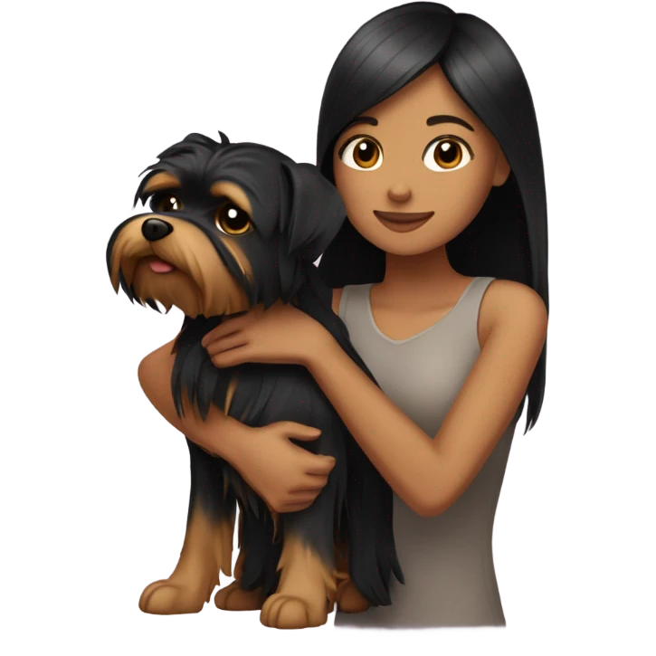 Tan girl with black straight hair hugging a Yorkie  emoji