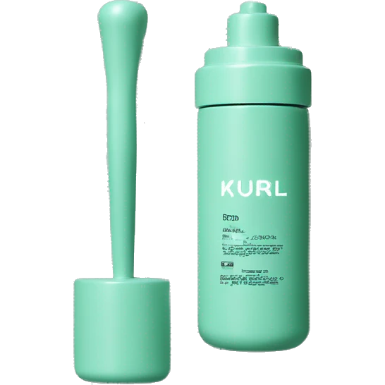 Turquoise pastel Green cosmetic bottle with a press down pump all one colour and matte - on the front it says Kurl Kitchen in pine green  emoji