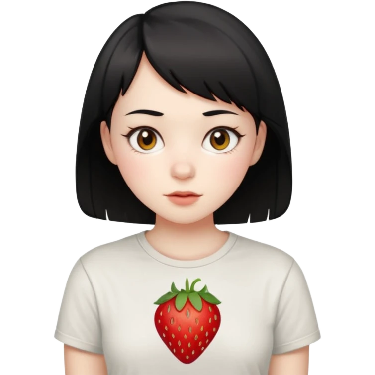 17 girl with black short hair and brown eyes with pale skin and wearing a t-shirt containing a red strwoberry emoji