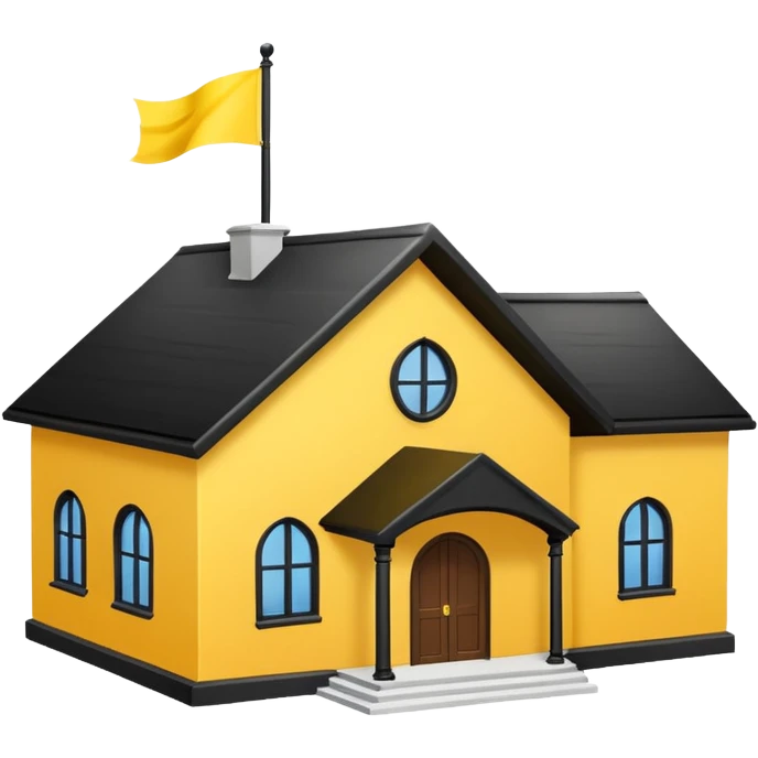 simple magic school, low detail, white background, magic school, black roof, with a big flag, big flag on a roof, big yellow flag, white school emoji