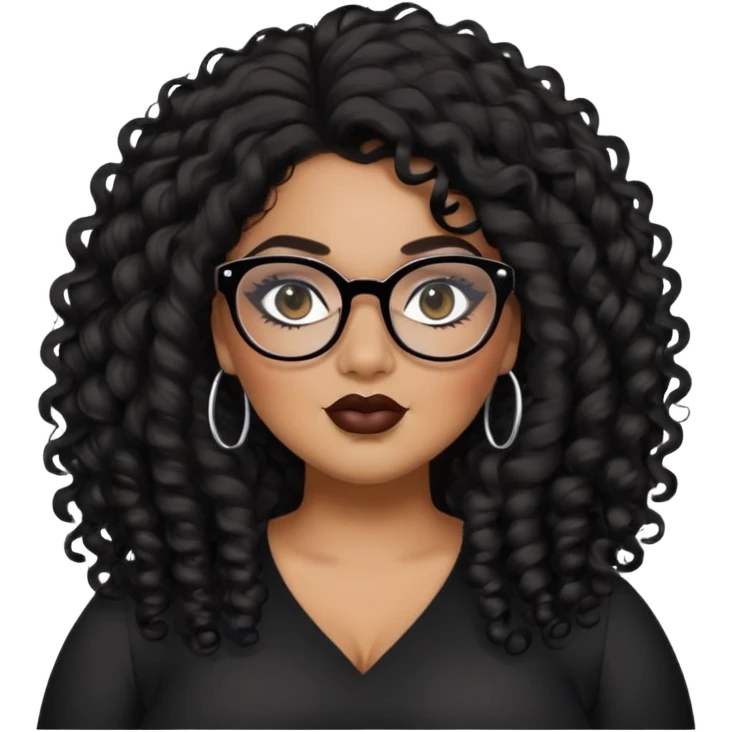 glasses, big plus size, darker tan skin, long black curly hair, baddie,pretty, makeup, lipliner, black eyeliner, long hair emoji