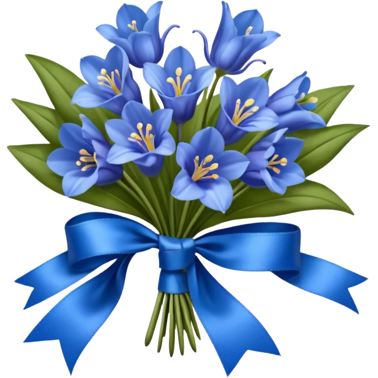 A lush bouquet of bright blue color bluebell black satin ribbon, , with a pale yellow and pink plaid pattern table cloth emoji
