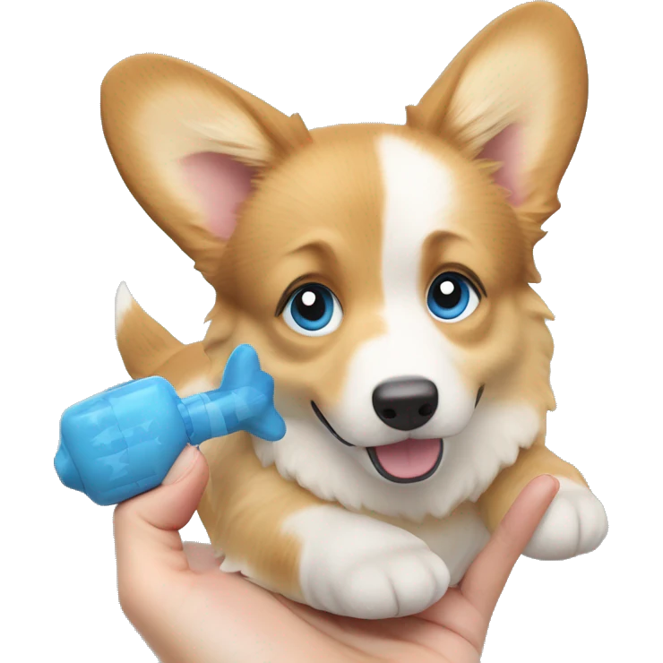 corgi dog with a toy in the hands of a girl with blond long hair and blue eyes emoji