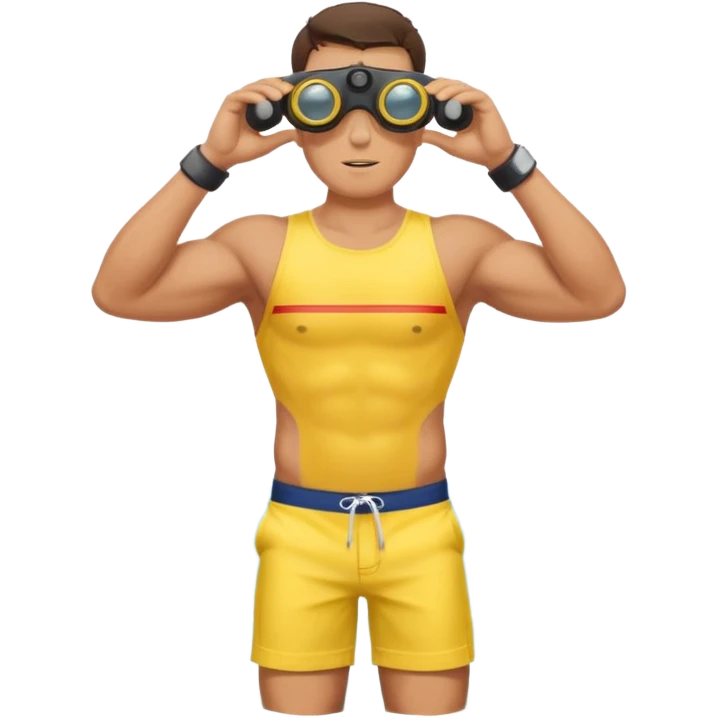 Male lifeguard – yellow shirt, binoculars in hand, scanning the sea, full body emoji