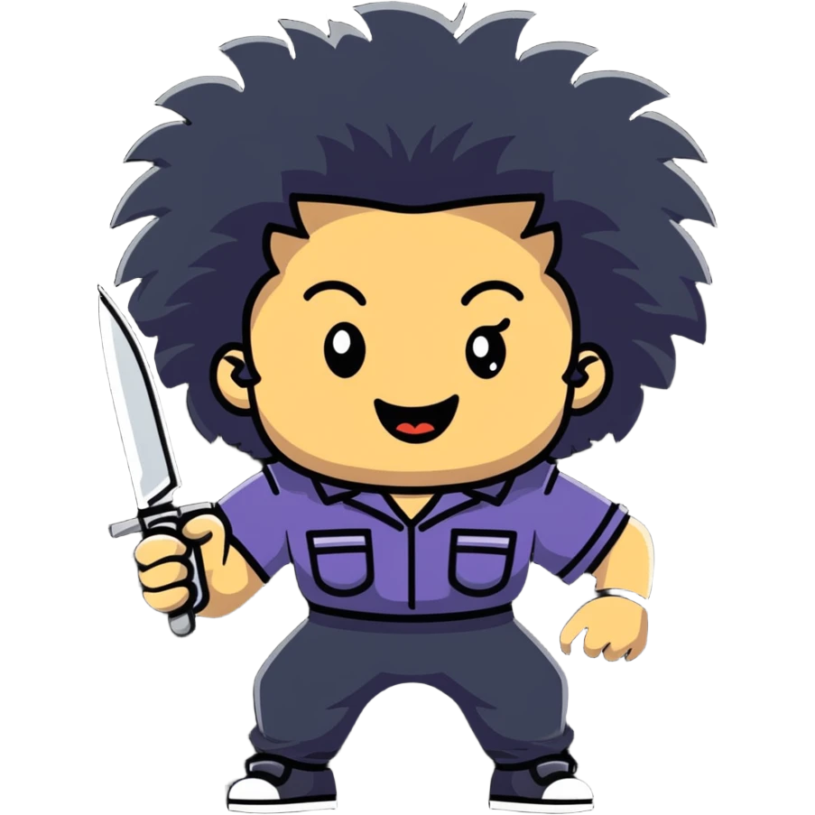 wild savage person in 1988 retro outfit with big hair, holding knife, evil laughing expression emoji