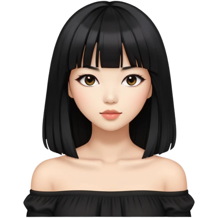 stylish woman with Asian skin, black off-shoulder top, long straight black hair with bangs, and soft makeup emoji