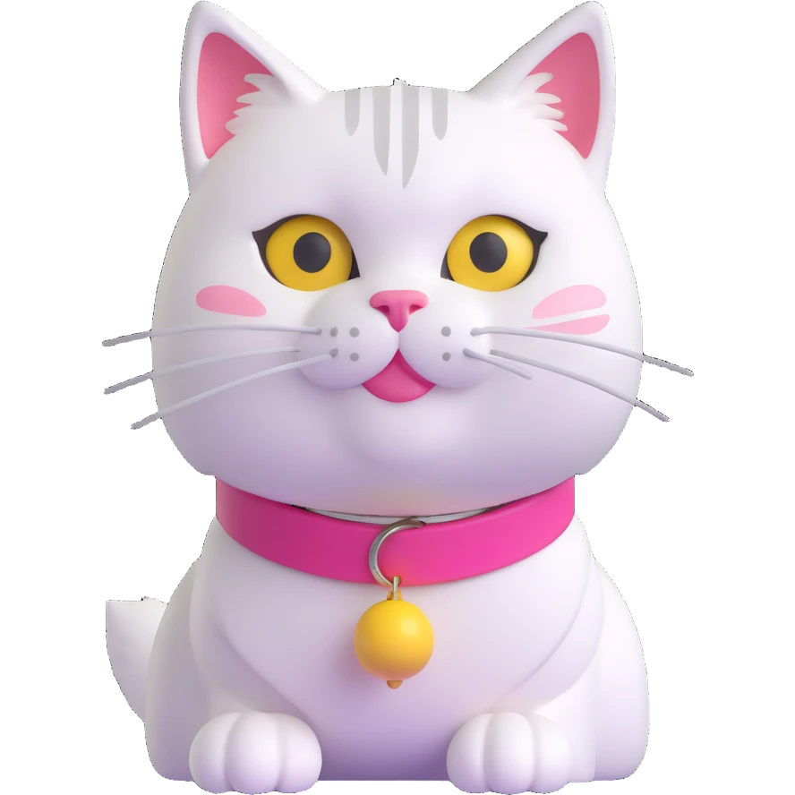 white furred cat with pink collar and yellow bell emoji