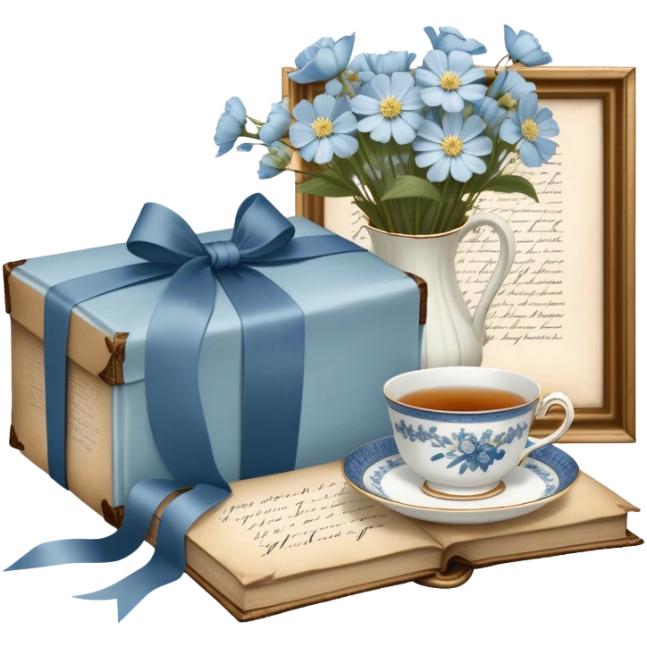 A timeless arrangement of a dusty blue silk ribbon loosely wrapped around a bundle of aged letters, with pressed white flowers and a porcelain tea set in the background.
 emoji